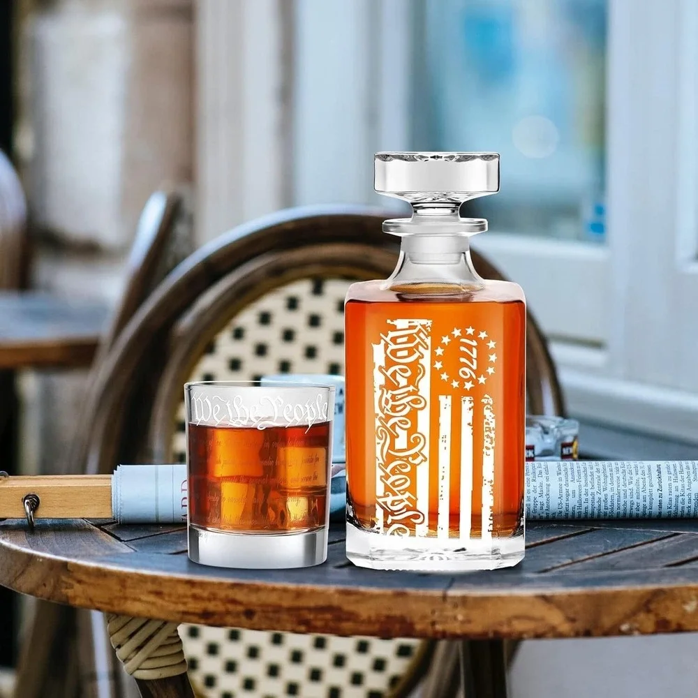 whiskey decanter engraved we the people american flag decanter set with 2 glasse